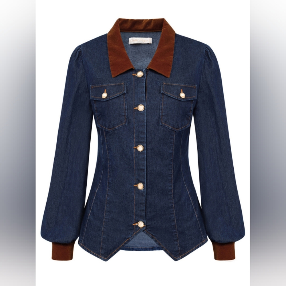 NWT - Belle Poque Vintage Style Lightweight Dark Jean Denim Jacket Blouse - XL